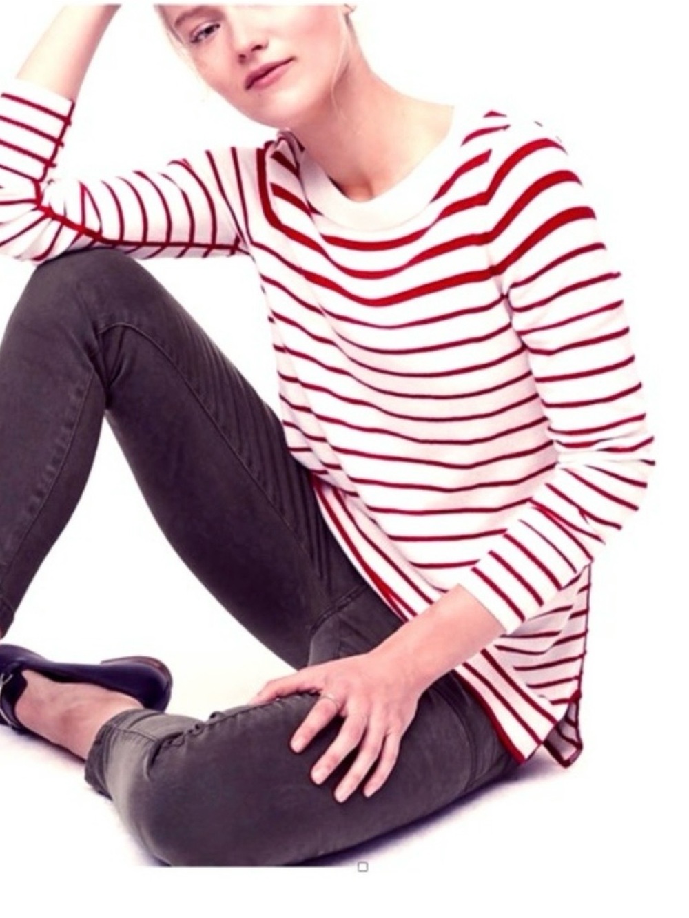 LOFT red and white striped boatneck lightweight knit tunic sweater M